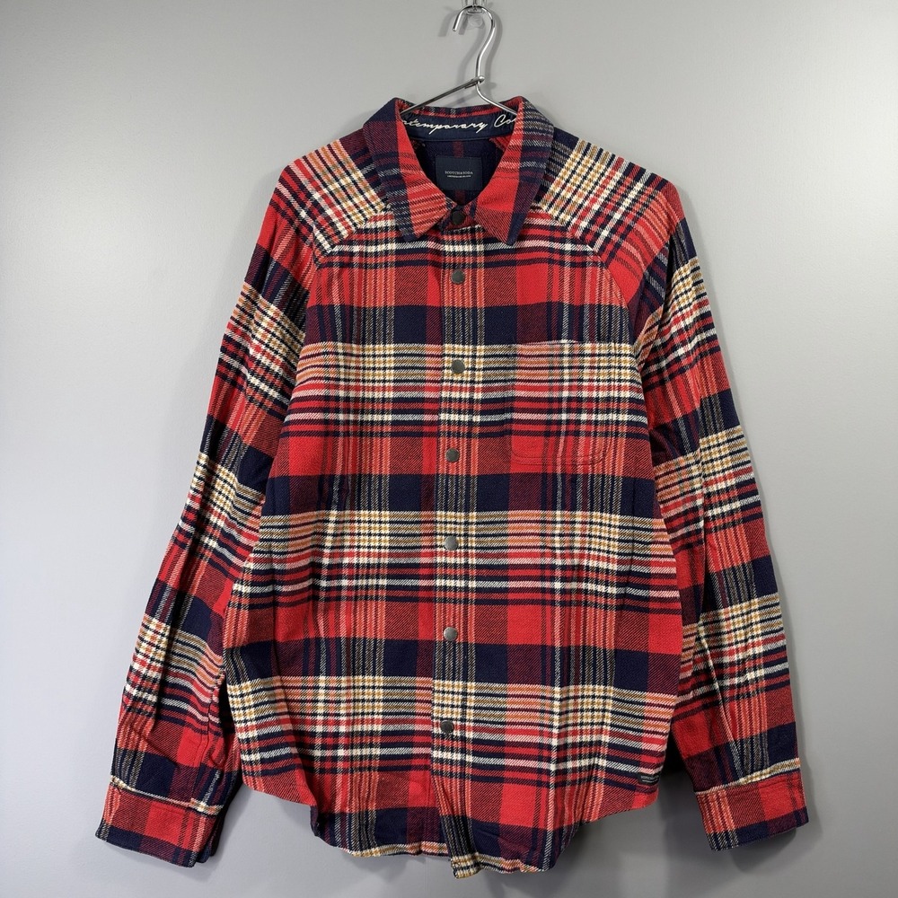 Scotch & Soda Shirt Mens Large Red Plaid Long Sleeve Flannel Snap Front Casual